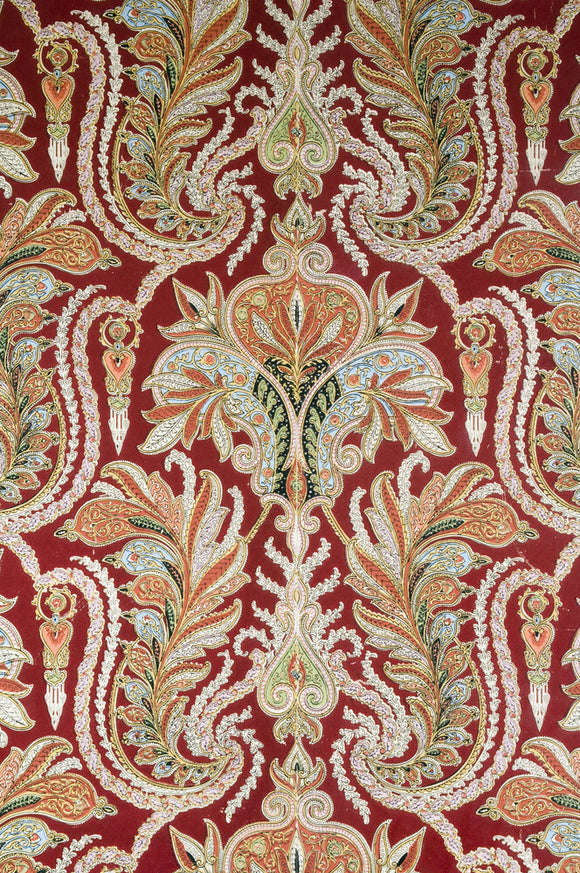 Detail of the patterned wallpaper in the Red Room at Mottisfont Abbey, Hampshire