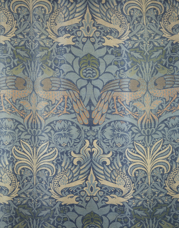 Close view of window seat cover - William Morris 'Peacock and Dragon' woven woollen fabric, in the Entrance Hall at Wightwick Manor