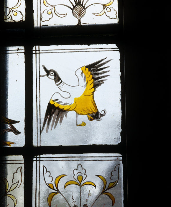William Morris stained glass panel of a farmyard duck flying, in the Ground Floor passage at Red House