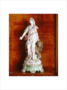 Close view of Chelsea porcelain figure of Una and the Lion, depicting Truth, a principal character in Spenser's allegorical poem The Faerie Queene, on the Landing at Upton House