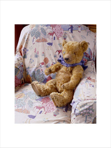 Lord Wraxall's Teddy Bear sitting on a chair covered with a nursery print in the Day Nursery at Tyntesfield