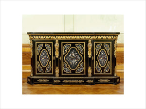 Close view of an ebony cabinet decorated with pietra dura and gilt bronze mounts dating from the late nineteenth century in the Drawing Room at Dunster Castle