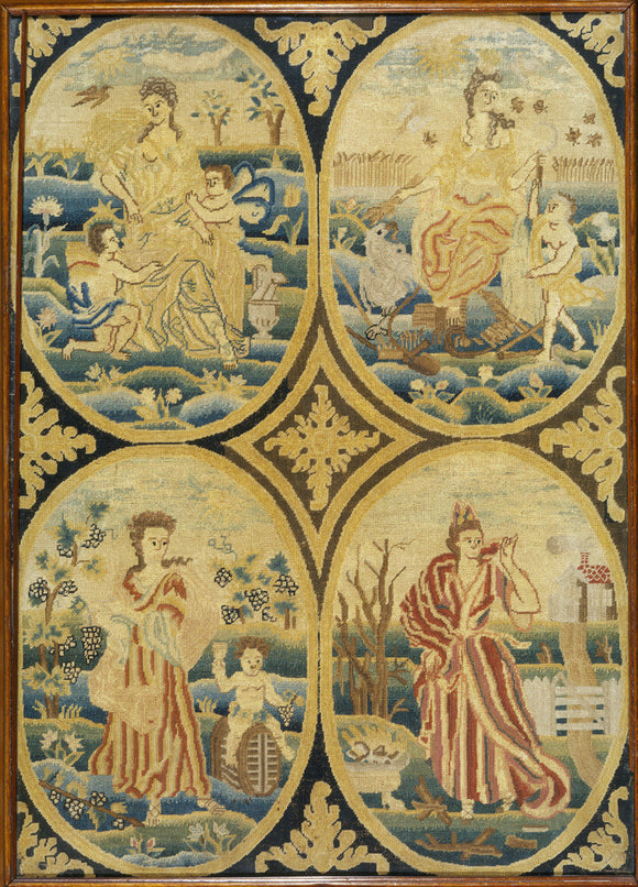 Detail of needlework on a pole fire screen at Fenton, in the Oriental Room, depicting the seasons