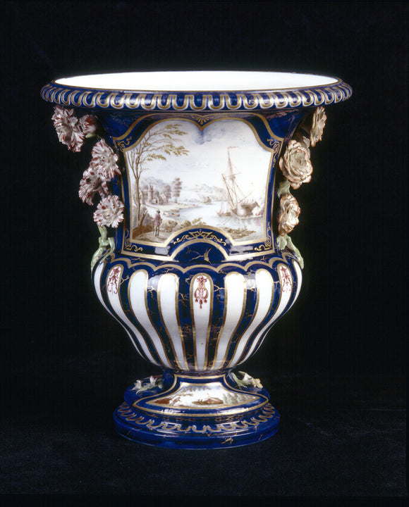 Close view of a French Vase Medici, made at Vincennes before the factory moved to Sevres in 1756 with a scene depicting boats, a castle, a figure, in the Picture Room at Upton House