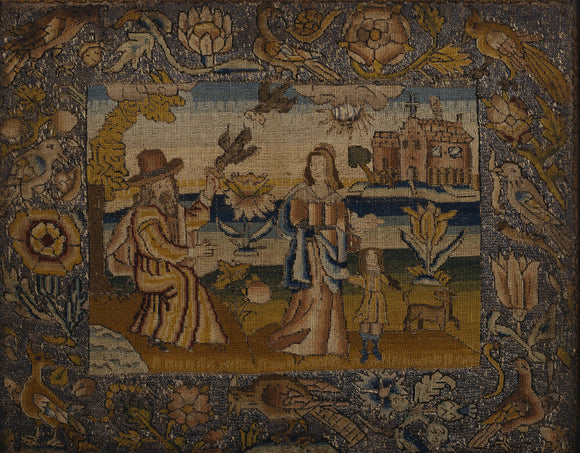 A 17th Century stumpwork picture of HAGAR AND ISHMAEL at Fenton House