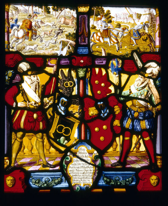 Detail of German stained glass window panel bearing dates and inscriptions of sixteenth and seventeenth centuries, in the Hall at Upton House