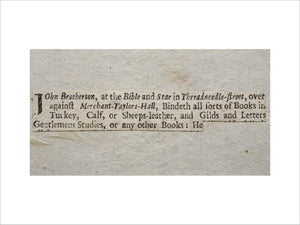 Ticket of the bookbinder "John Bretherton, at the Bible and Star in Threadneedle Street, of the Springhill Library collections