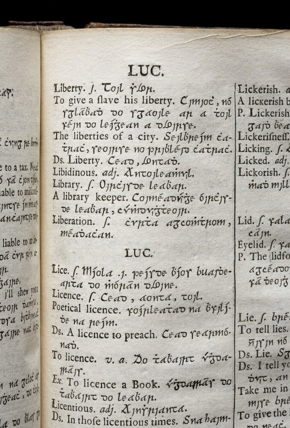 Page from the English Irish Dictionary, (Paris, 1732) part of the Springhill Library collections, Co. Londonderry.