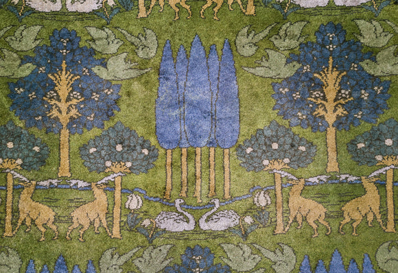 Detail of the hand-knotted carpet from a design of 1897 by Voysey, made by Morton & Co in Donegal, in the Nursery at Berrington Hall, Herefordshire