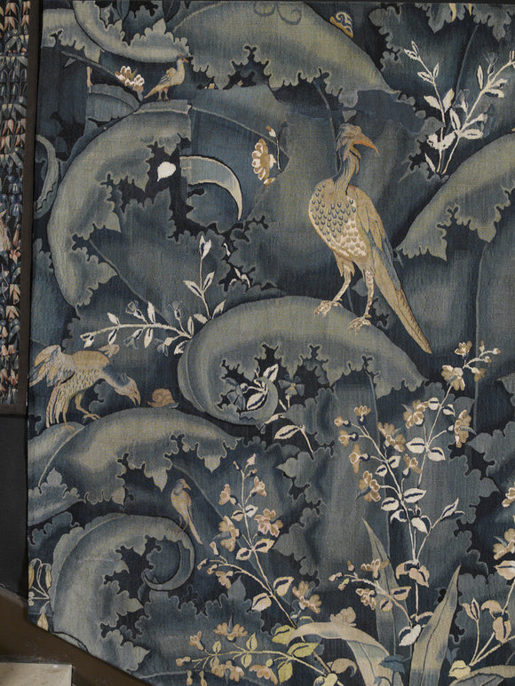 Tapestry with birds and foliage, recently conserved, on the stairway on the Upper Landing at Hardwick Hall, Derbyshire