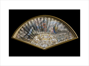 Framed French fan showing Coriolanus and his family, which belonged to Comte de Flahaut's mistress, in the Boudoir at Berrington Hall, Herefordshire