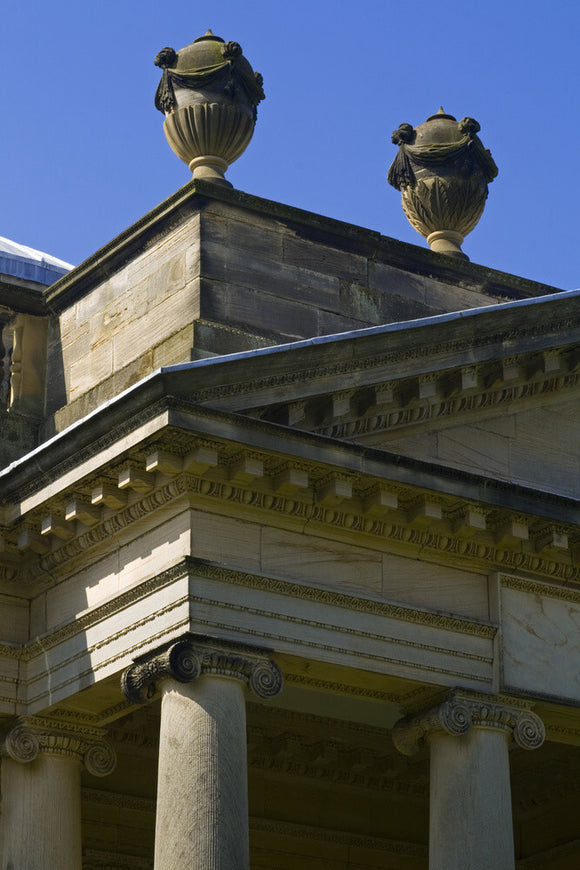 Ornamental urns on the portico of the Palladian Chapel, begun in 1760 to the design of James Paine, at Gibside, Newcastle upon Tyne