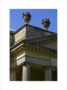 Ornamental urns on the portico of the Palladian Chapel, begun in 1760 to the design of James Paine, at Gibside, Newcastle upon Tyne