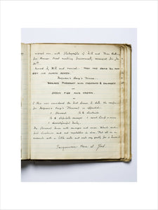 Photograph of a hand-written page of the "Boo" (book) detailing a lunch recipe of the Ferguson Gang who were a group of anonymous benefactors active during the 1930s