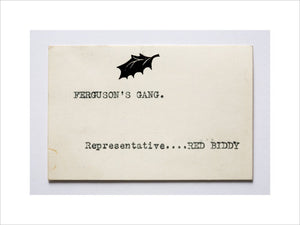 Notecard of "Red Biddy" as representative of the Ferguson Gang who were a group of anonymous benefactors active during the 1930s