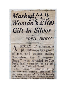 Archive newspaper clipping of the story of "Red Biddy" donating ﾣ100 to The National Trust as part of the Ferguson Gang who were a group of anonymous benefactors active during the 1930s