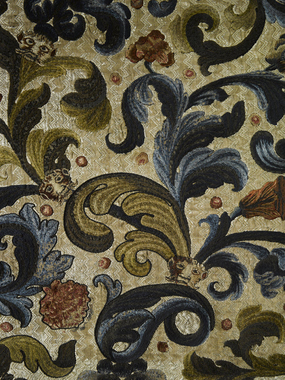 Close view of the embroidery with lions' heads and leaves on the walls of Tobies Chamber at Hardwick Hall, Derbyshire