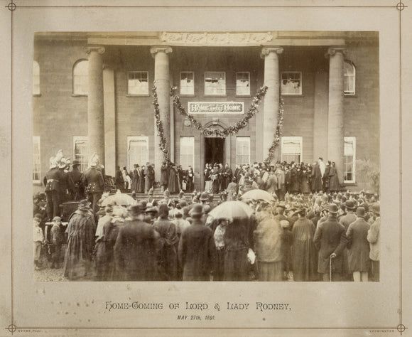 Archive photograph of the homecoming after the honeymoon of Lord and Lady Rodney on May 27th 1891, in the Back Hall at Berrington Hall, Herefordshire