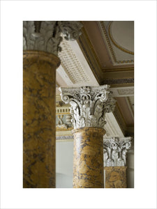 The scagliola columns, made to represent Sienna marble, of the Staircase Hall at first floor level, at Berrington Hall, Herefordshire