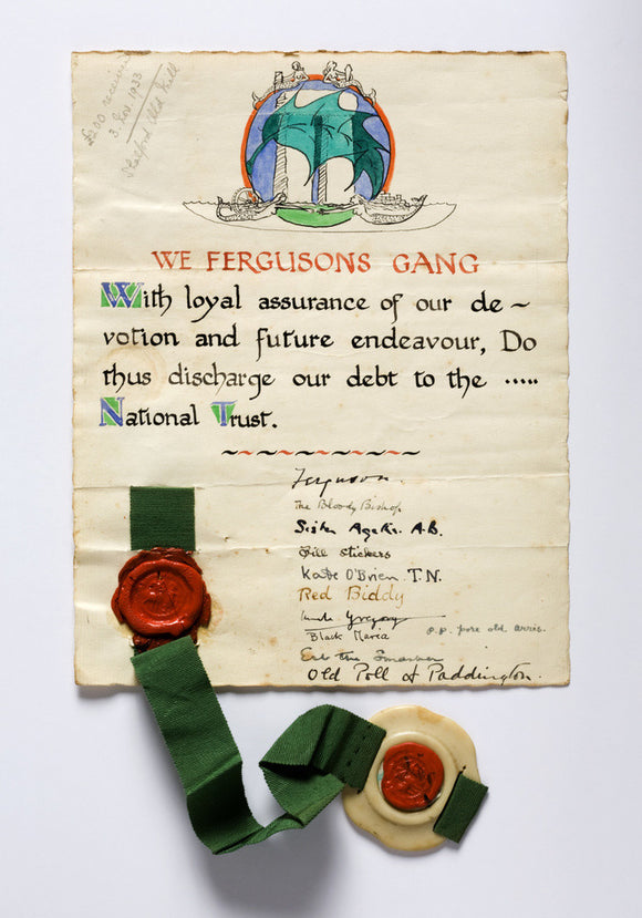 Illuminated manuscript with seal of the Ferguson Gang who were a group of anonymous benefactors active during the 1930s