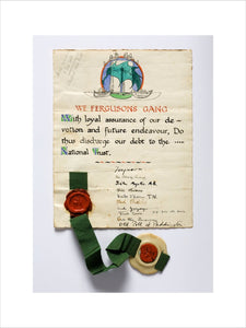 Illuminated manuscript with seal of the Ferguson Gang who were a group of anonymous benefactors active during the 1930s