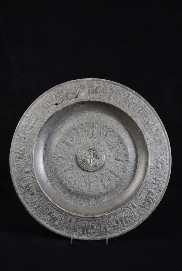 Nurnberg Temperantia pewterware basin cast in 1611, and later copied in silver to become the basin presented to the Wimbledon Ladies' Singles Champion, in the Corridor at Arlington Court, Devon