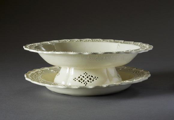 A creamware pierced fruit dish and stand at Hinton Ampner, Hampshire