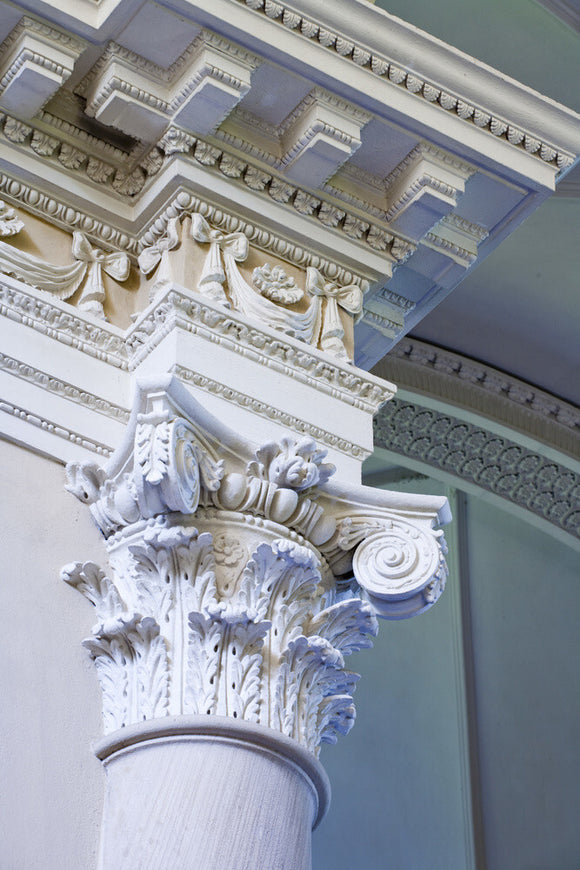 Column capital and ceiling of the Palladian Chapel, begun in 1760 to the design of James Paine, at Gibside, Newcastle upon Tyne