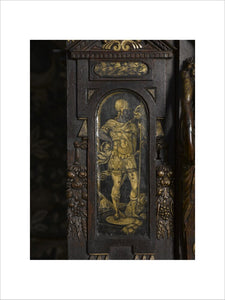 Close view of part of the French cabinet in carved and partly gilded walnut, dating from around 1580, in the Withdrawing Chamber at Hardwick Hall, Derbyshire