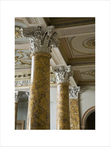 The scagliola columns, made to represent Sienna marble, of the Staircase Hall at first floor level, at Berrington Hall, Herefordshire