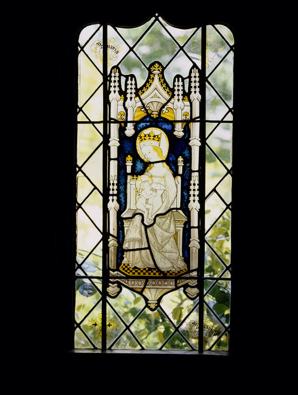 Medieval stained glass of Madonna & Child in a Canopy in a window in the Parlour at Stoneacre, a Wealden house in Otham, Kent