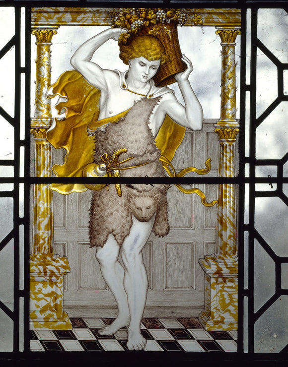 Painted glass by C E Kempe representing Autumn and illustrating the passage from William Morris'