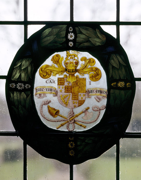 Wightwick Manor, one of four roundels of painted glass by Charles Kempe in the Oak Room, showing heraldic images