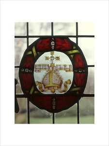 A bishop's mitre, bearing the letters LL with a latin inscription, one of four roundels of painted glass from the Oak Room at Wightwick Manor