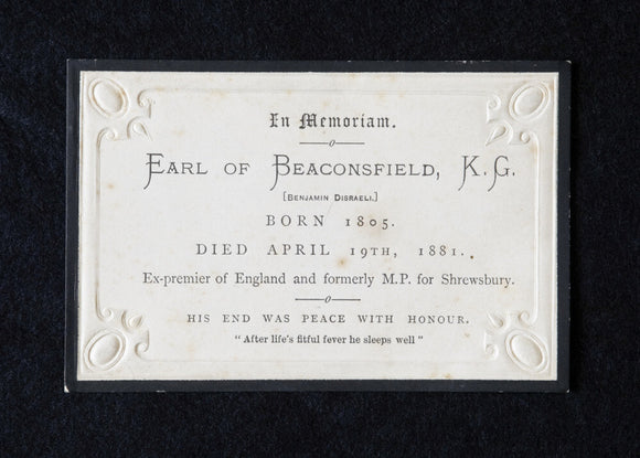 In Memoriam plaque for the Earl of Beaconsfield, Disraeli, at Hughenden Manor, Buckinghamshire, home of prime minister Benjamin Disraeli between 1848 and 1881