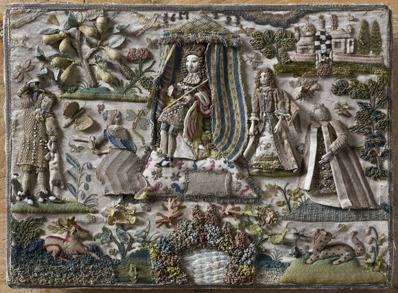 Detail of a stumpwork box dated 1693 and decorated with the Judgement of Solomon, in the Hall Chamber at Montacute House, Somerset