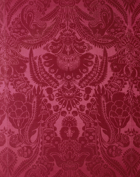 Detail of crimson silk damask wall covering added to the Drawing Room in 1824 by Admiral Lukin