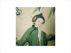 Detail of a Chinese woman at a Chinese garden party painted on the wallpaper in the Chinese Bedroom at Belton House