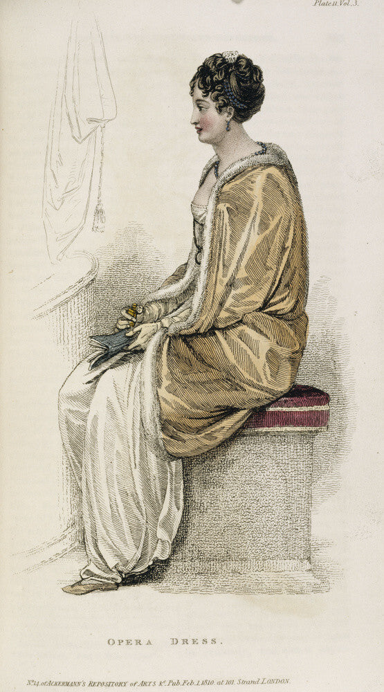 Illustration of a lady in opera dress from The Repository of Arts, Literature, Commerce by Ackermann (1810) from the library collection at Calke Abbey, Derbyshire