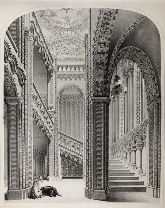 Lithograph of the Grand Staircase in Penrhyn Castle with two hunting dogs, in 1846 by G Hawkins