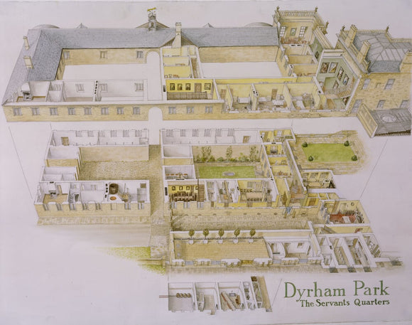 Painting showing an exploded view of the Servants Quarters at Dyrham Park illustrating the uses of the various rooms, an inner garden and courtyard