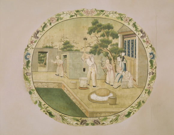 Detail of round Chinese wallpaper design, with an image of a man pounding rice in a vessel