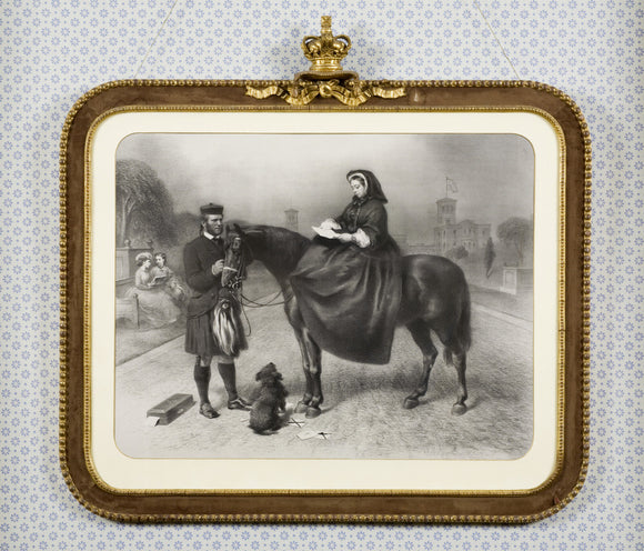 Framed engraving of Queen Victoria on horseback, with John Brown