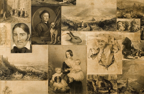 Detail of the prints on the decoupage scrap screen, decorated by Jane Carlyle in 1849, in the Drawing Room at Carlyle's House, 24 Cheyne Row, London