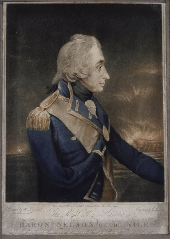 A coloured engraving of the then Rear Admiral Horatio Nelson, which commemorates his victory over Napoleon's eastern empire at the Battle of the Nile in Aboukir Bay on 1 August 1798