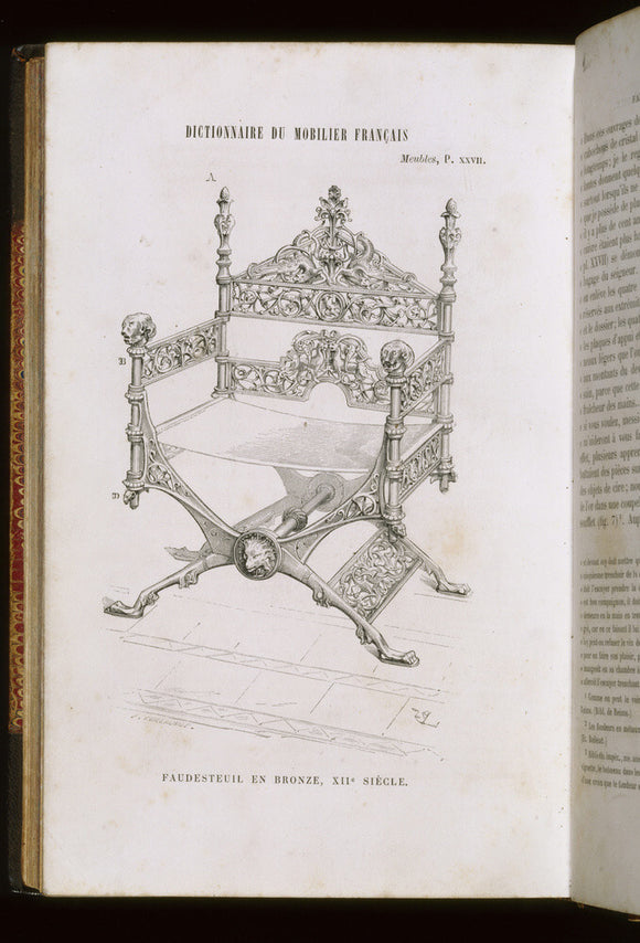 A page of the Dictionnaire du Mobilier Francais showing the design for the original bronze throne by Viollet-le-Duc 1872-75 at Tyntesfield