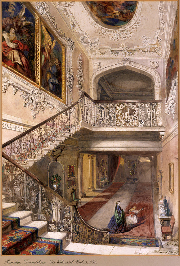 THE STAIRCASE,RANSTON,DORSETSHIRE by Rebecca Dulcibella Orpen (1830-1923), one of a series of country house watercolours exhibited at Baddesley Clinton