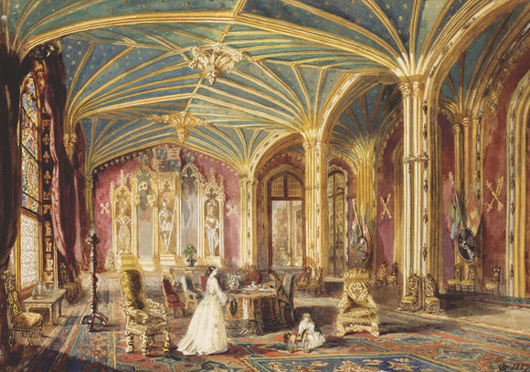 'THE HALL, ELVASTON CASTLE, DERBYSHIRE' by Rebecca Dulcibella Orpen, (1830-1923) one of a series of country house watercolours exhibited at Baddesley Clinton.