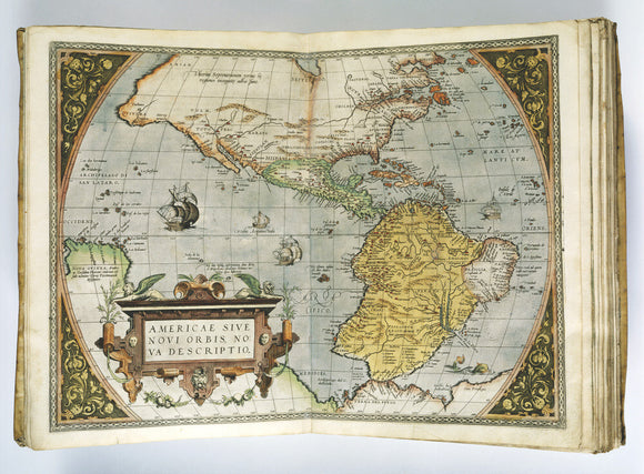 A double page spread of Orbis Terrarum (Atlas) map by Ortelius at Charlecote Park