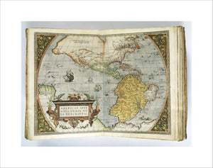 A double page spread of Orbis Terrarum (Atlas) map by Ortelius at Charlecote Park